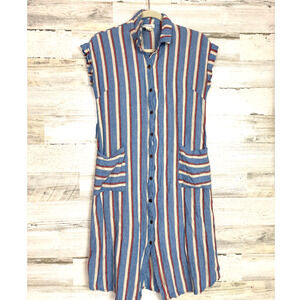 Monteau Womens M Striped Linen Blend Midi Shirt Dress Coastal Vacation Style